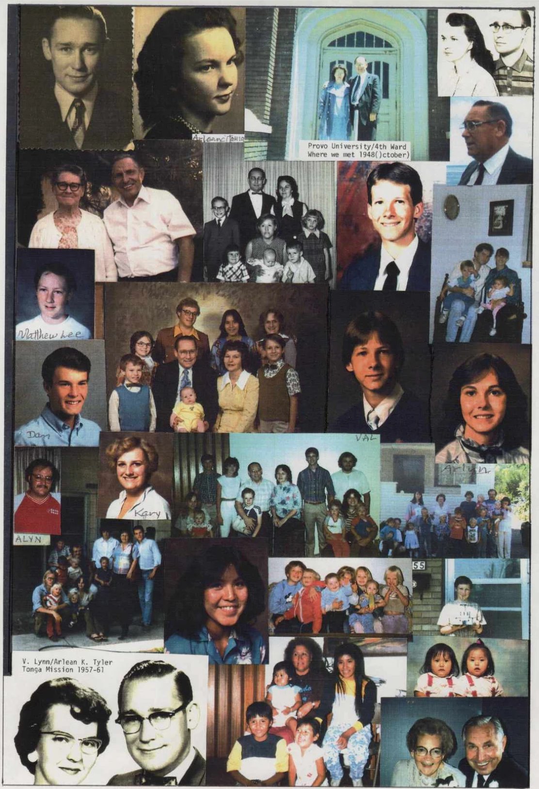 A collage of family photographs from several decades arranged edge to edge, with typed captions reading “Provo University/4th Ward, Where we met 1948 October” and “V. Lynn/Arlean K. Tyler, Tonga Mission 1957–61”