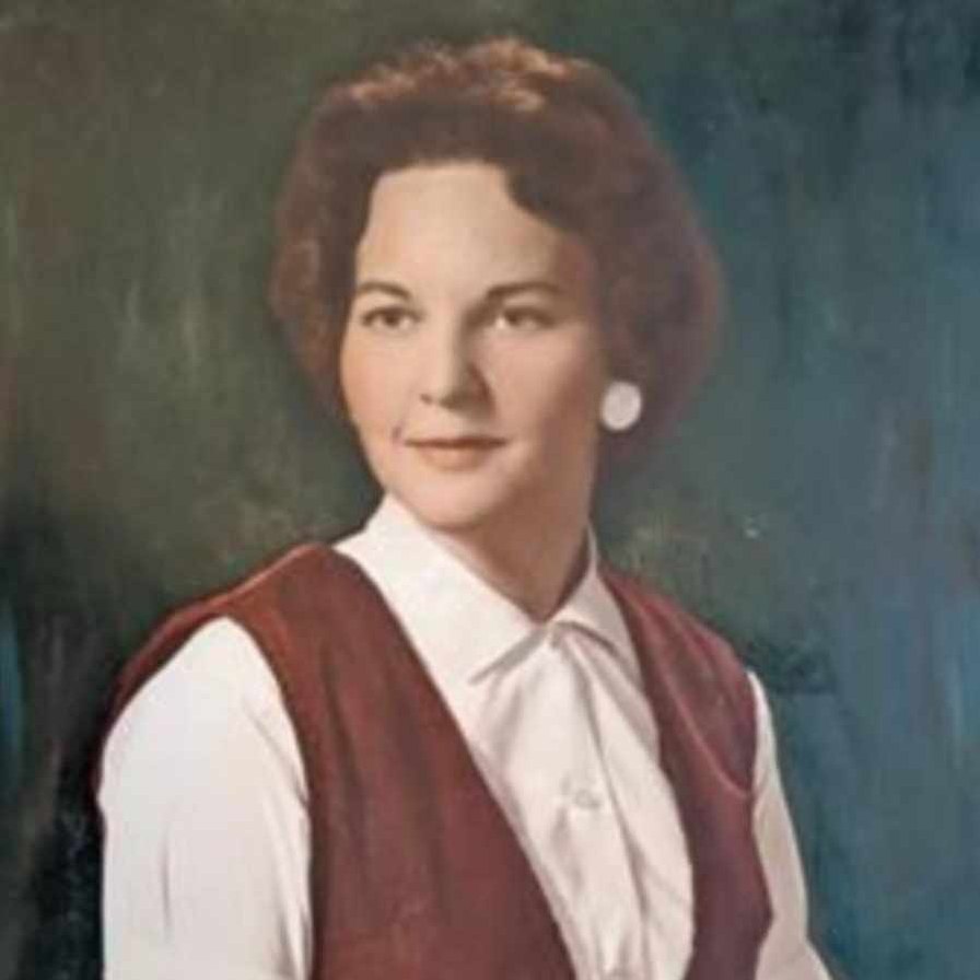Painted half-length portrait of a woman with short auburn hair, in a white collared blouse and a dark red vest, against a loosely brushed blue-green ground