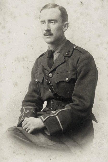 J.R.R. Tolkien seated in British Army officer’s uniform, 1916