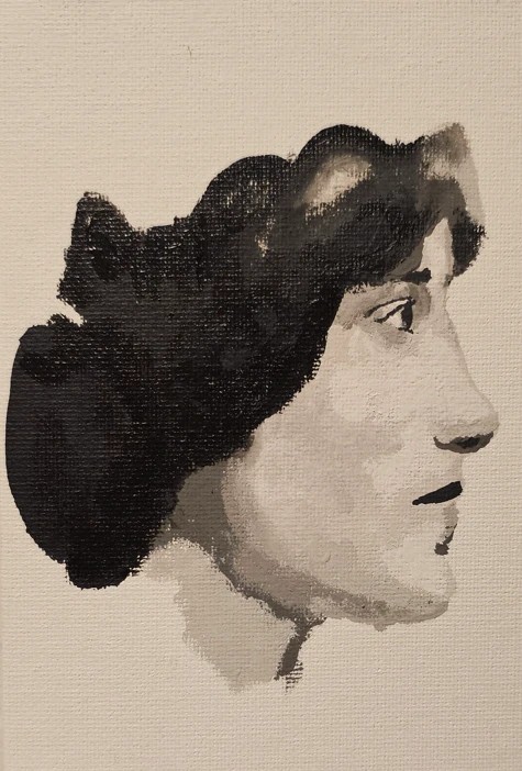 Painted head of a woman in right profile, dark hair gathered up in a full bun, in black, grey, and white on unprimed canvas